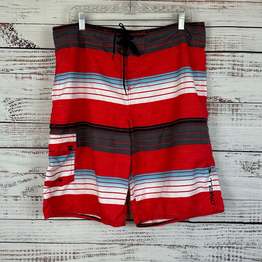 Mens O'Neill Red Gray White Stripe Board Swim Beach Surf Shorts 11" Pockets 36